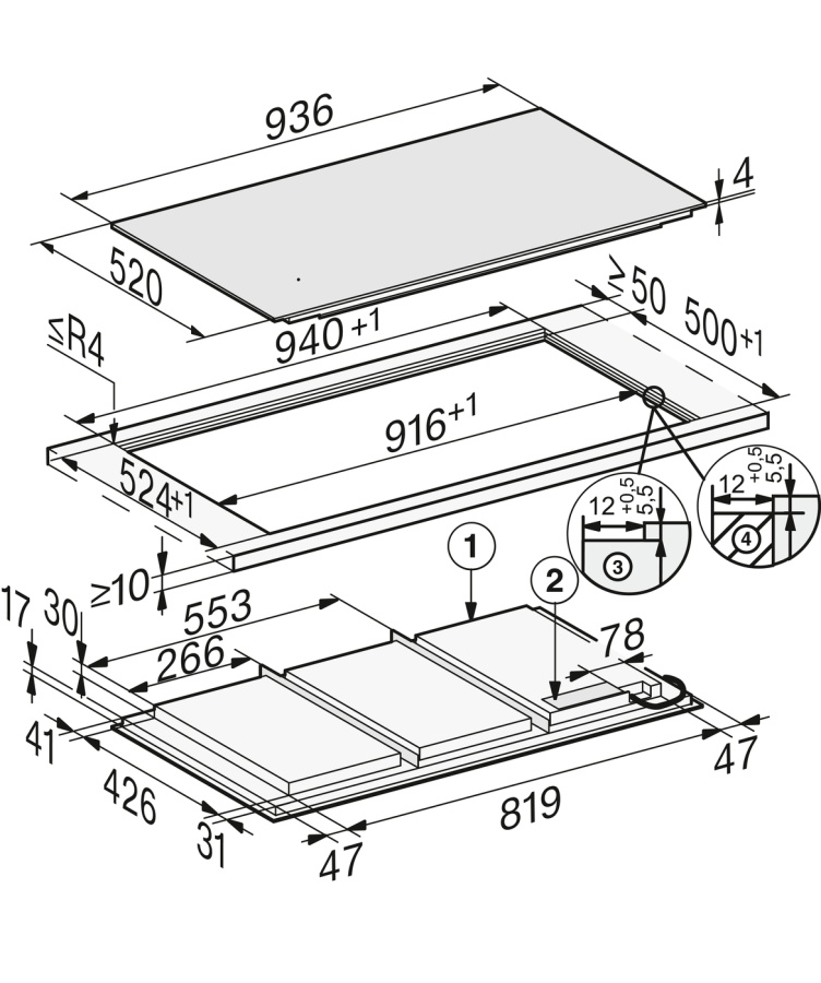 Панель конфорок KM 7897 FL встраиваемая сверху и заподлицо Панель конфорок KM 7897 FL встраиваемая сверху и заподлицо